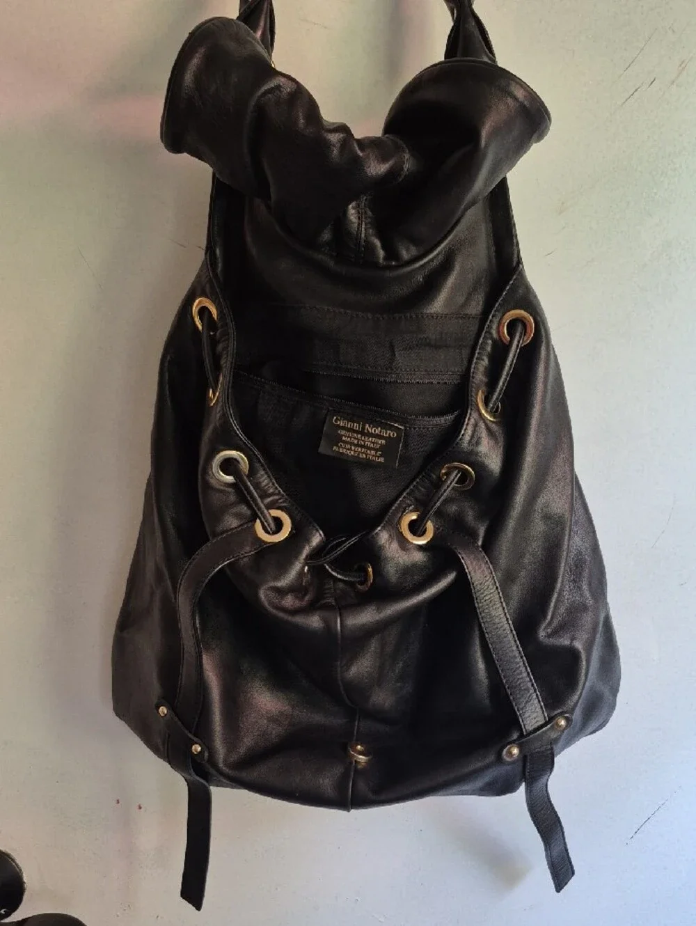 Black Leather Backpack Tote with Gold Hardware